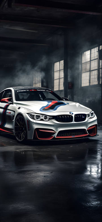 White BMW M4 Race Car In A Dark Garage 4K Wallpaper