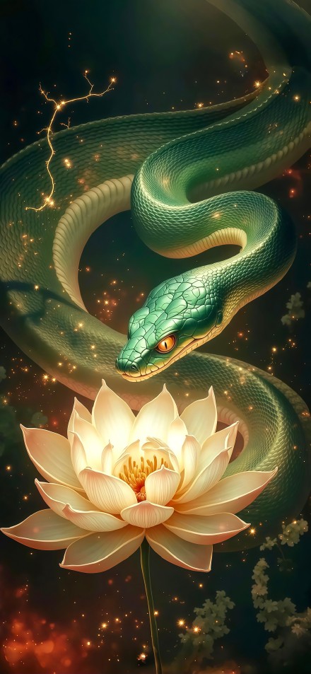 A green snake coiled around a glowing lotus phone wallpaper