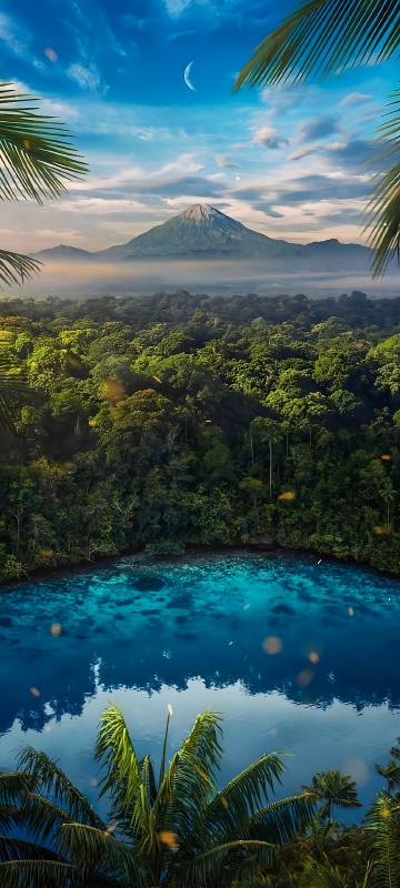 Clear Blue Lake and Volcano in the Distance 4K Wallpaper