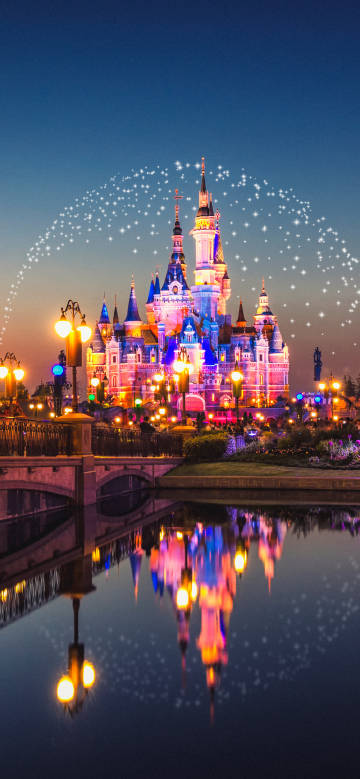 Disney Castle illuminated by colorful lights at night phone wallpaper