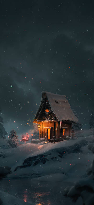 Warm cottage in heavy snow phone wallpaper