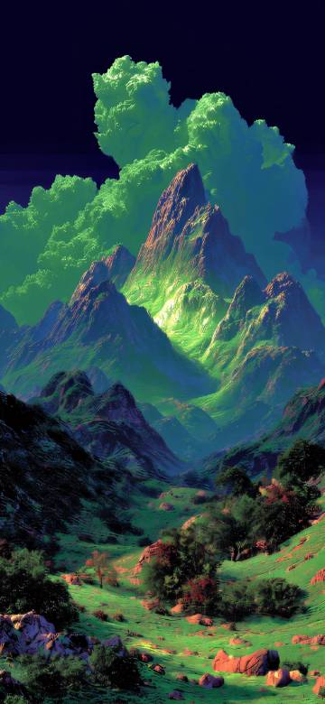 Fluorescent Green Mountains Fantasy Landscape 4K Wallpaper