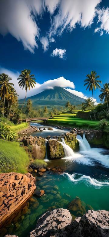 Tropical scene of green mountains and clear waters phone wallpaper