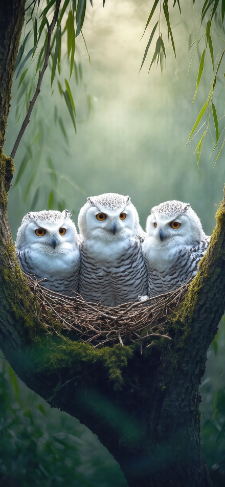 Three cute snowy owls perched in their nest phone wallpaper