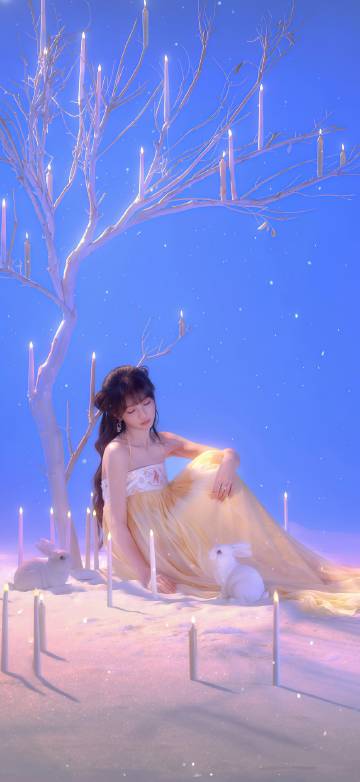 Cute White Rabbits And A Girl 4K Wallpaper