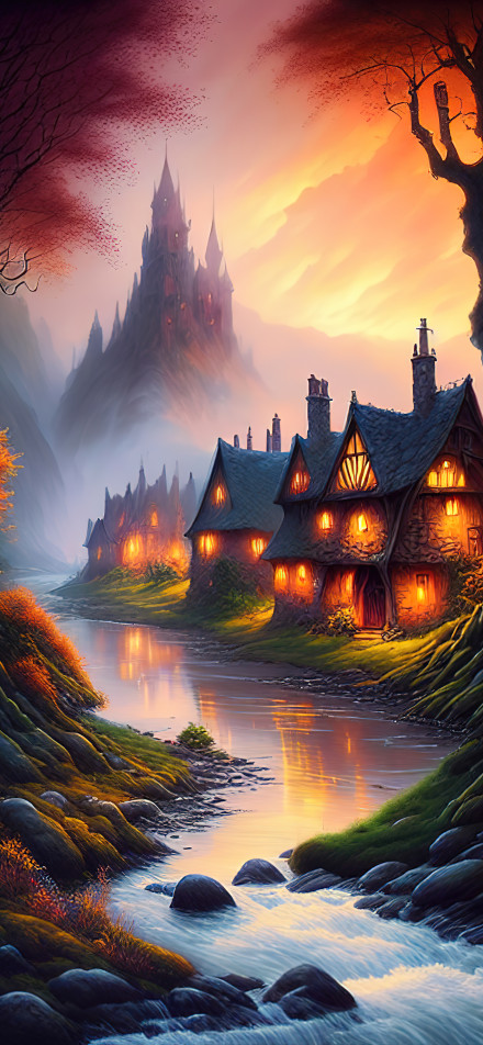 Magical cottage and castle scenery phone wallpaper