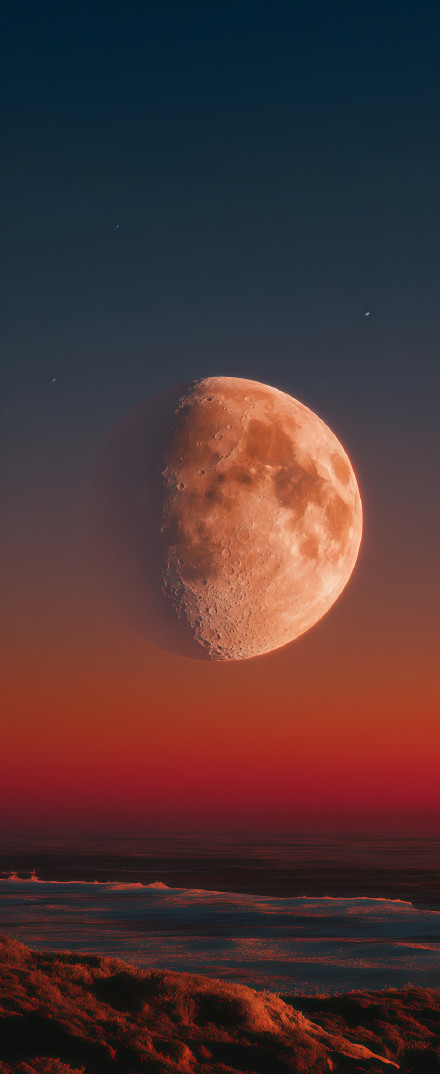 Stunning Large Moon and Red Sky at Sunset 4K Wallpaper