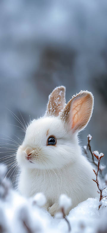 Cute White Bunny Sitting In The Winter Snow 4K Phone Wallpaper