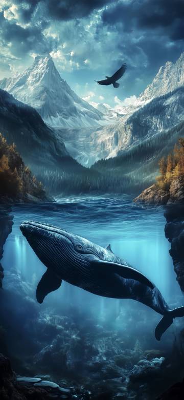 Majestic Whale and Eagle in Fantasy Mountain Landscape 4K Wallpaper