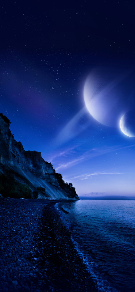 Strange scene of the secluded shore under moonlight