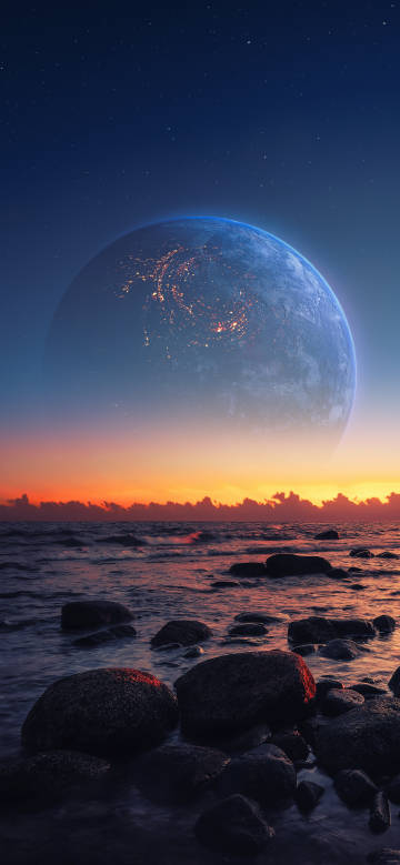 Sunset Ocean Meets Planet Wallpaper 4K
