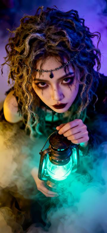 Mystic Girl Holding a Lantern in the Mist 4K Phone Wallpaper