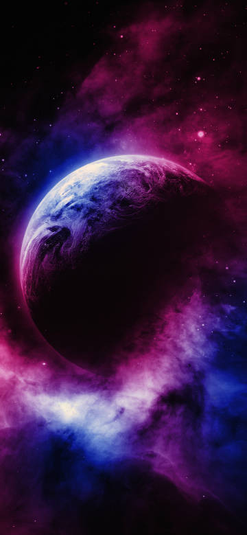 A planet surrounded by vibrant purple and blue nebulae phone wallpaper