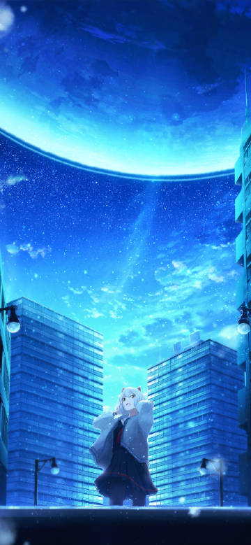 Blues Winter wallpaper: Anime girl among the skyscrapers