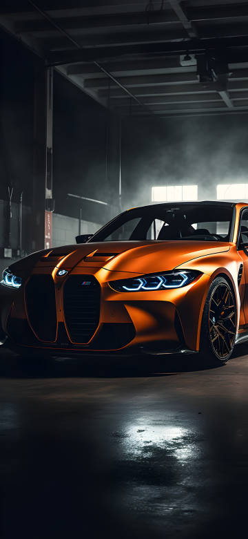 Orange BMW M4 in a Dark Garage 4K Wallpaper