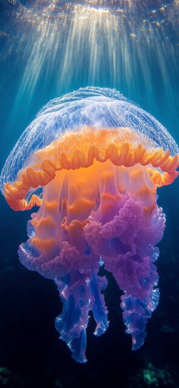 Jellyfish in the deep sea sunlight beams phone wallpaper