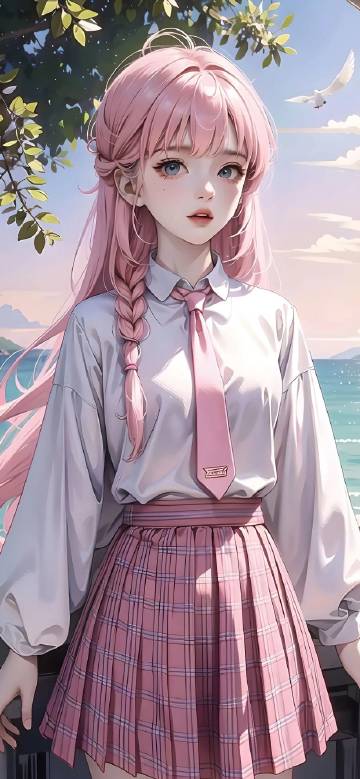 Pink-Haired Girl in Plaid Skirt 4K Phone Wallpaper Pink-Haired Girl in Plaid Skirt 4K Phone Wallpaper