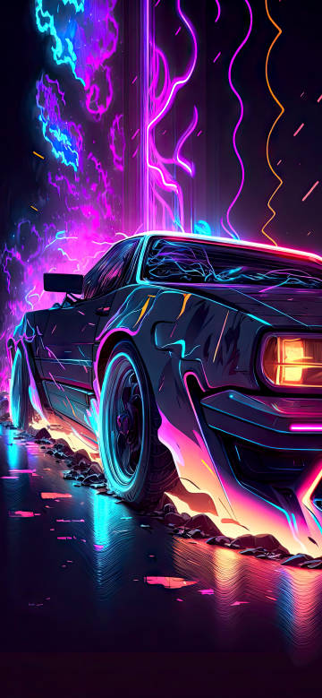 Neon Cyberpunk Car Wallpaper 4K, Futuristic Street Art