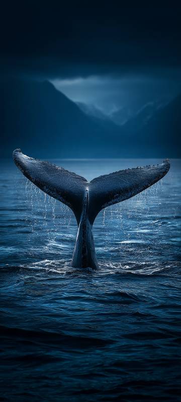Giant Whale Tail Leaping Out of the Deep Blue Ocean