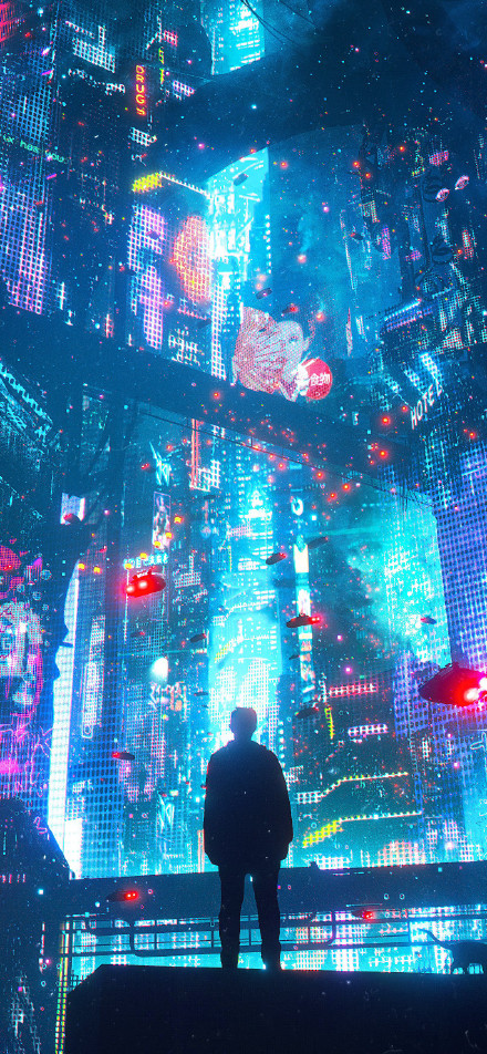 People in the cyberpunk neon city phone wallpaper