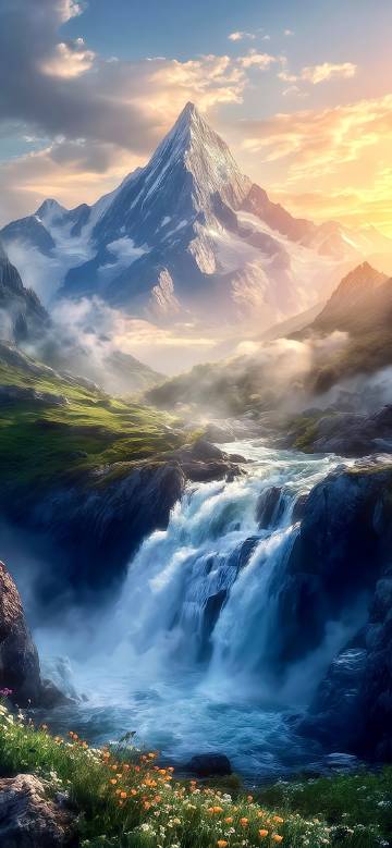 Snow-capped mountains tower, waterfalls cascade, and birds soarSnow