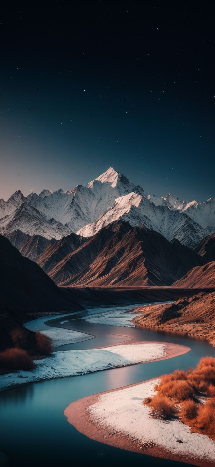 Winding River Through Snowy Mountains 4K Phone Wallpaper