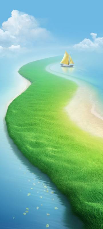 Dreamy green path and a sailboat phone wallpaper