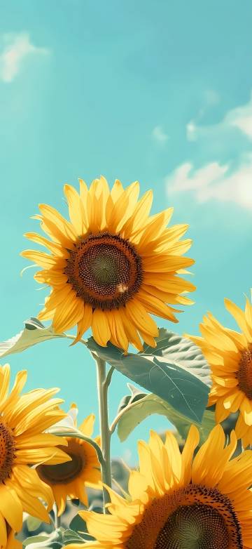 Bright Yellow Sunflowers Under A Teal Sky 4K Wallpaper