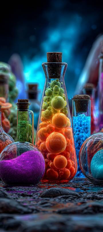 Colorful Glowing Magic Potions In Glass Bottles 4K Wallpaper