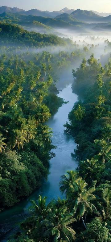 Scenic River Through Foggy Jungle 4K Phone Wallpaper