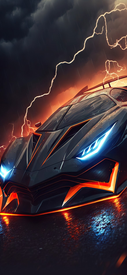 Black Supercar in a Lightning Storm 4K Wallpaper
