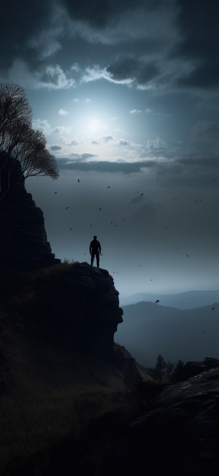 Silhouette of a Man Standing on a Cliff Edge 4K Phone Wallpaper