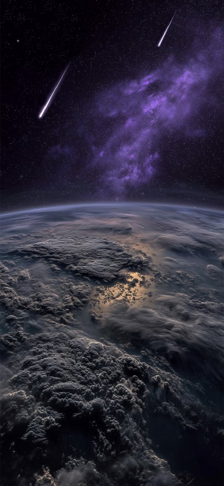 Purple starry sky above earth with shooting stars phone wallpaper