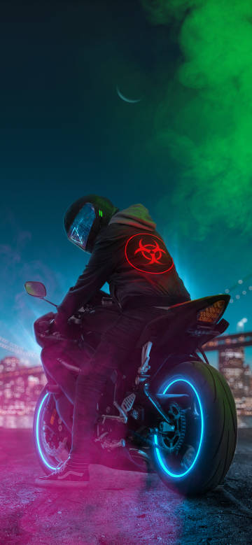 Fluorescent motorcycle in night city phone wallpaper