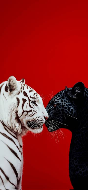 White Tiger and Black Panther Against Red Background 4K Wallpaper