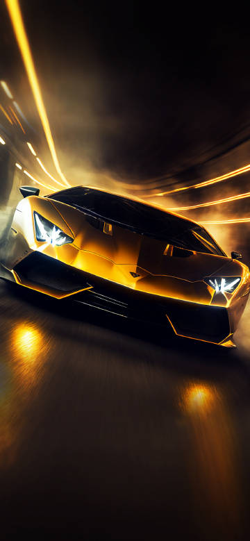 Golden sports car speeding in the dark environment phone wallpaper