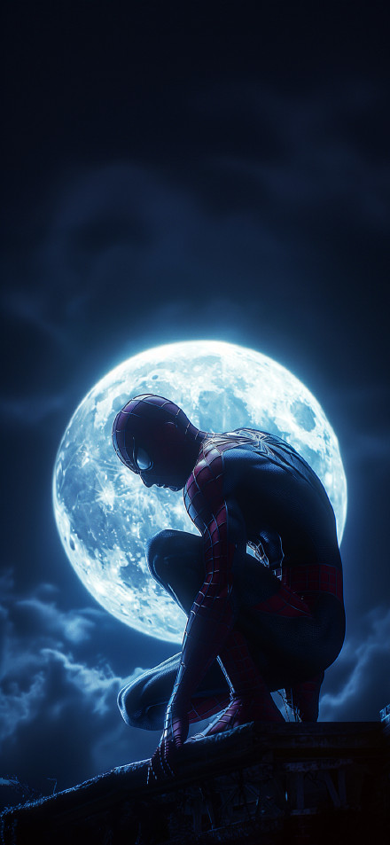 Spider-Man Crouching Under Giant Full Moon 4K Wallpaper