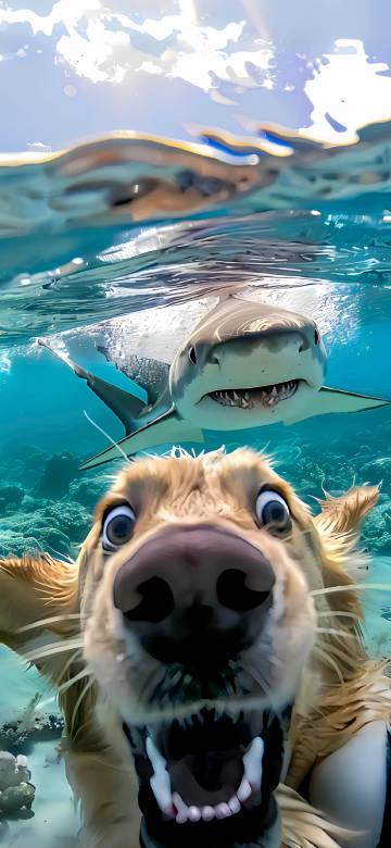 Dog being chased by shark Phone Wallpaper