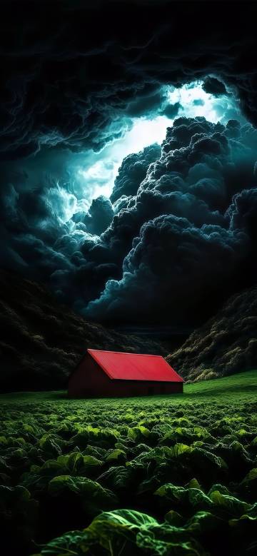 Little red house under dark clouds phone wallpaper