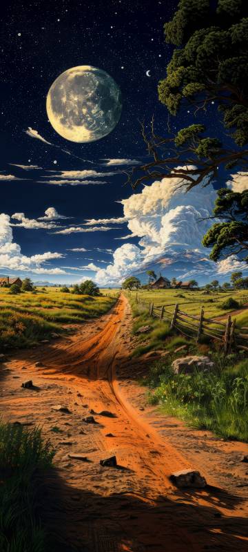 Giant Moon Over Country Road 4K Illustration Wallpaper