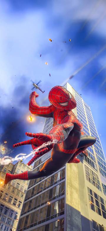 Spider-Man Web-Swinging Through the City Sky Wallpaper