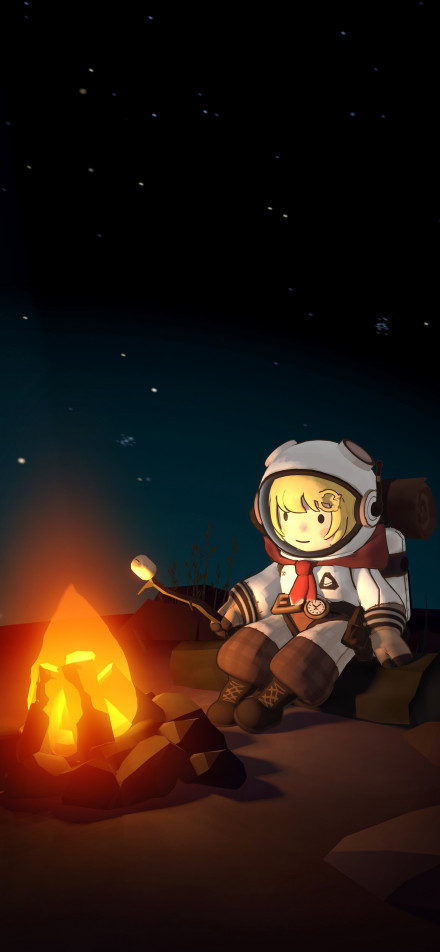 Little astronaut camping by bonfire under the stars phone wallpaper