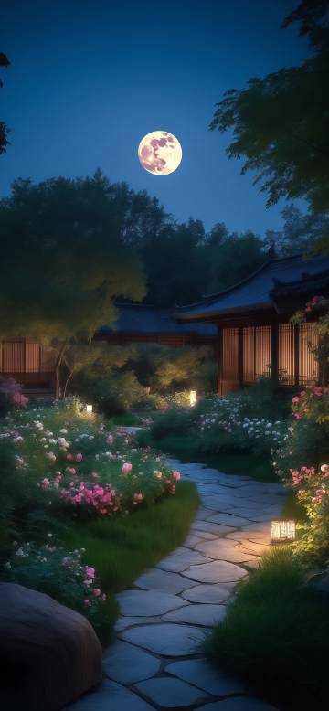 Ancient Chinese back garden under moonlight