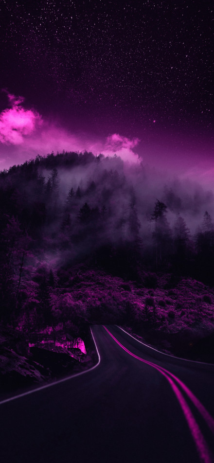 Mystic Purple Forest Night Road Phone Wallpaper