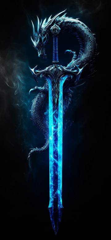 Dragon and Magic Sword on Dark Background Wallpaper