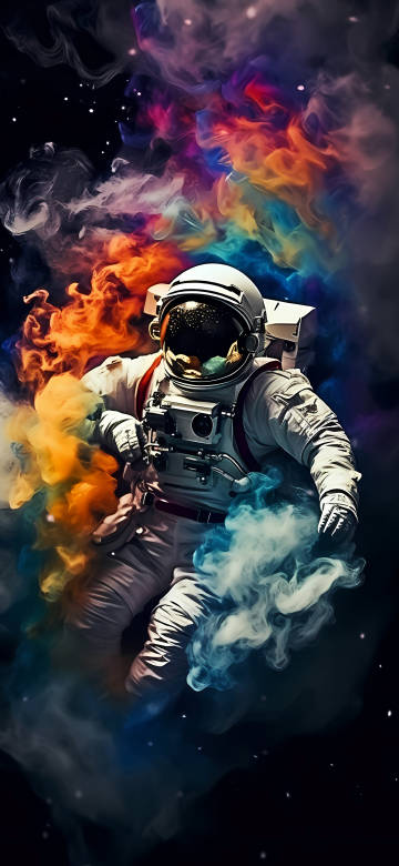 Astronaut Surrounded by Vibrant Clouds of Cosmic Smoke