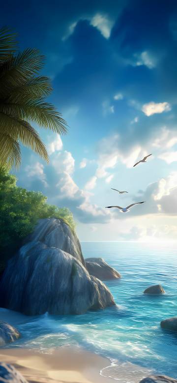 Beautiful Calm Blue Ocean And Rocky Shore Wallpaper 4K