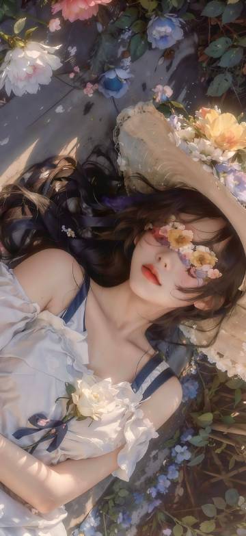 Dreamy Cottagecore Girl Lying Among Flowers 4K Wallpaper