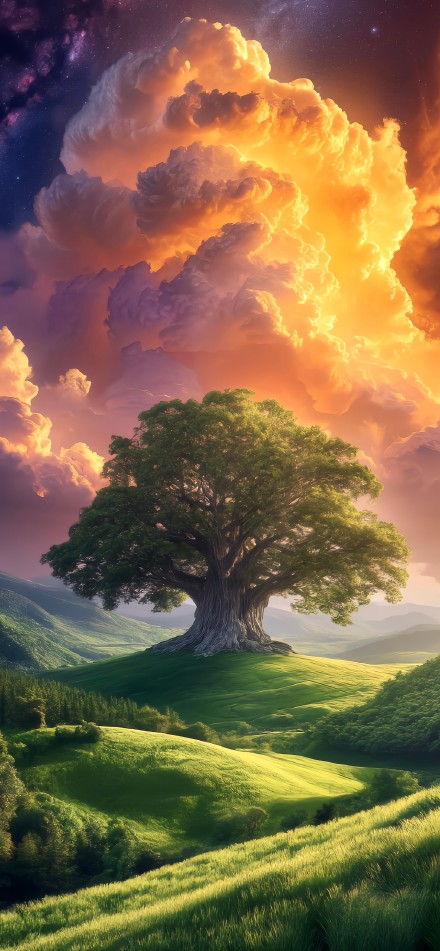 Dreamlike Clouds Towering Trees on Green Hills 4K Phone Wallpaper