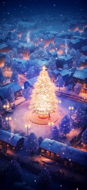 Giant Glowing Christmas Tree In A Snowy Village 4K Wallpaper
